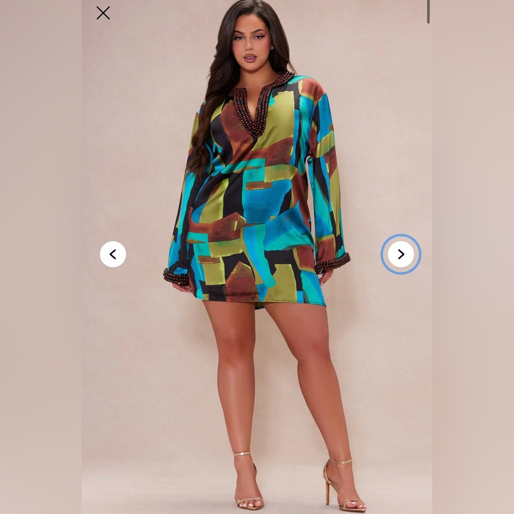Nova Luxe Dylan Satin Kaftan Mini Dress - Blue/combo size Medium Beaded - Picture 5 of 14